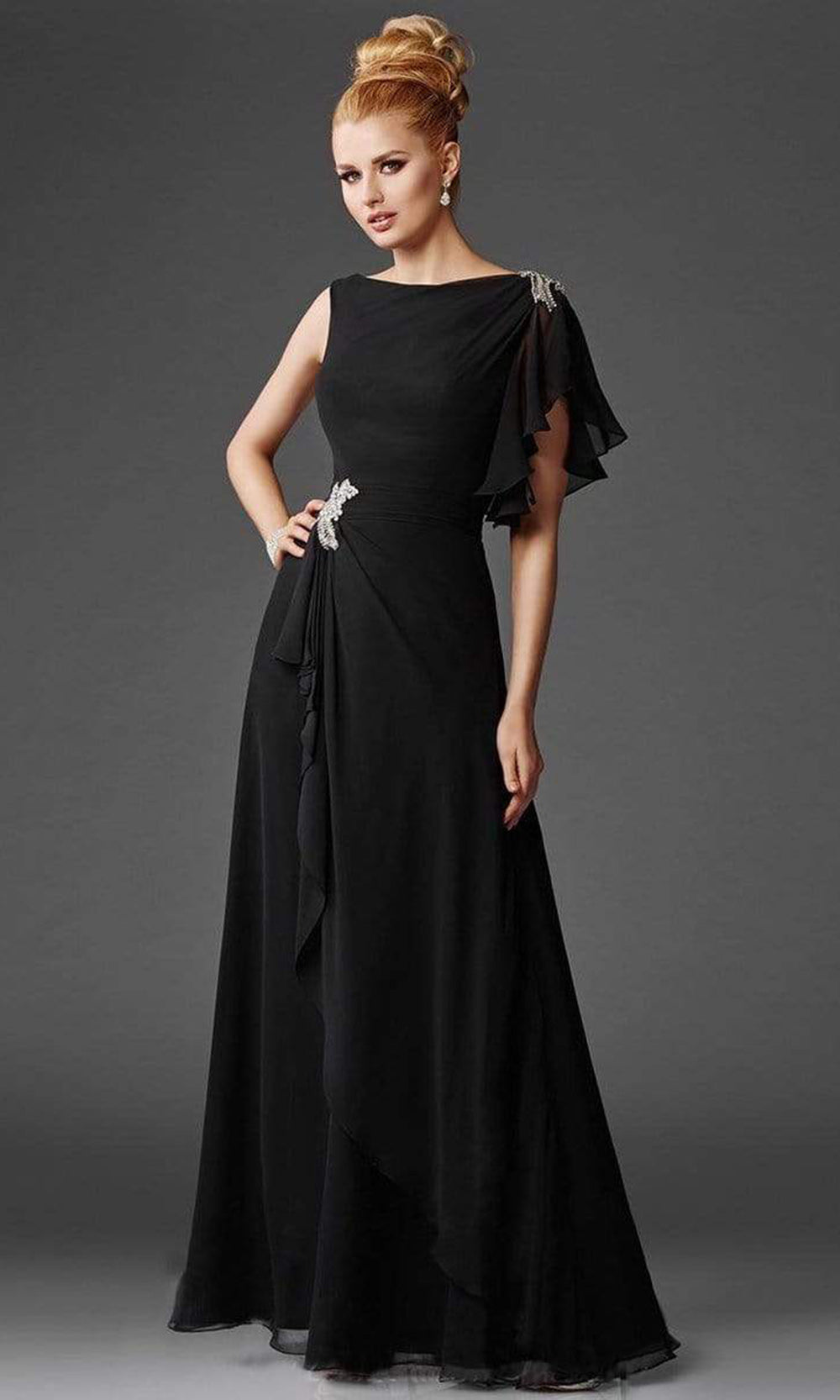Clarisse - M6401SC Embellished Flutter Sleeves Ruched Waist Long Gown In Black