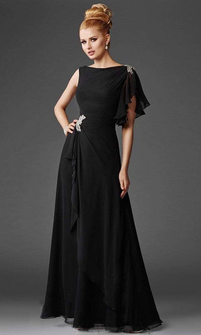 Clarisse - M6401SC Embellished Flutter Sleeves Ruched Waist Long Gown In Black