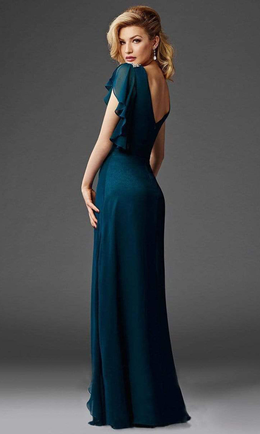 Clarisse - M6401SC Embellished Flutter Sleeves Ruched Waist Long Gown In Green