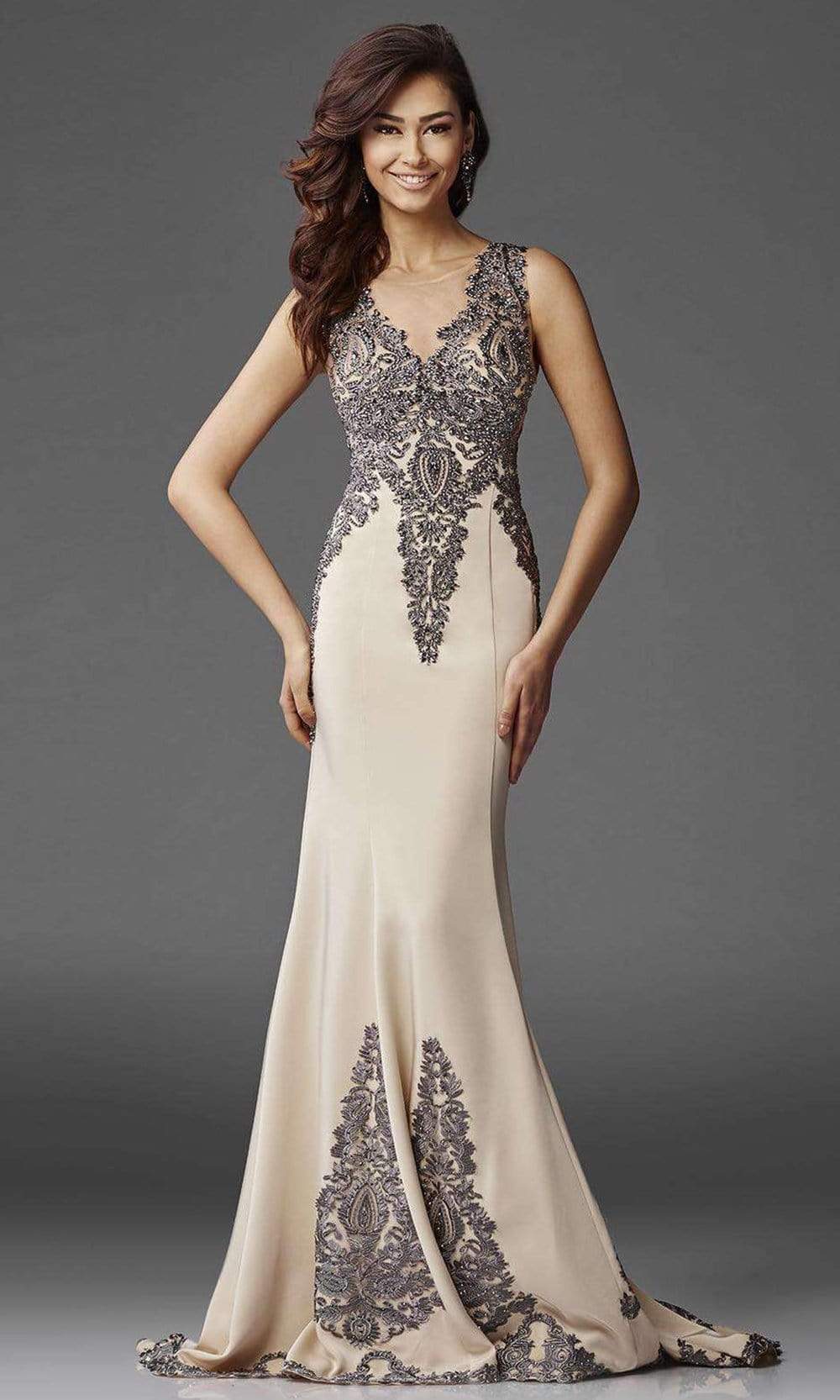 Clarisse - M6419 Intricate Embellished Lace Sheath Gown Special Occasion Dress 10 / Champagne