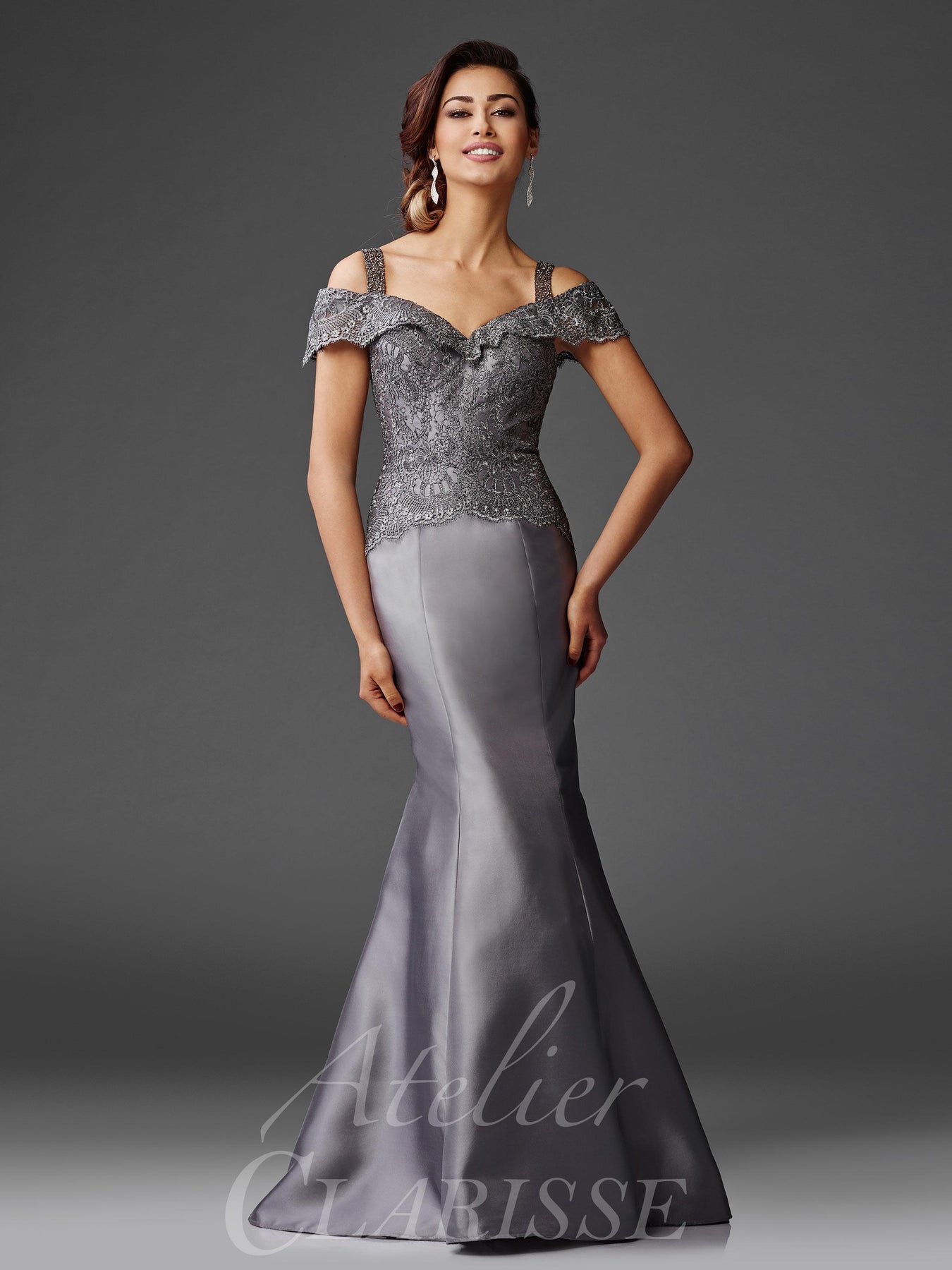 Clarisse - Beaded Lace Cold Shoulder Dress M6420SC In Silver and Gray