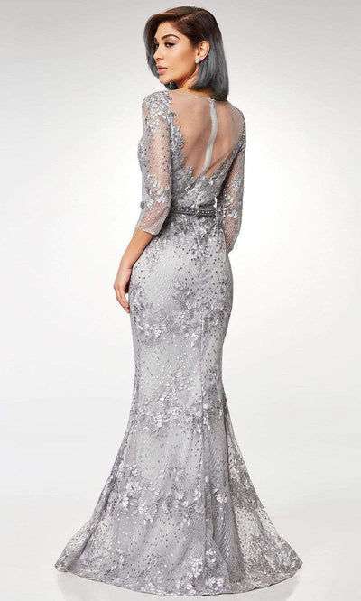 Clarisse - Sheer Quarter Sleeves Embellished Trumpet Gown M6502SC In Gray