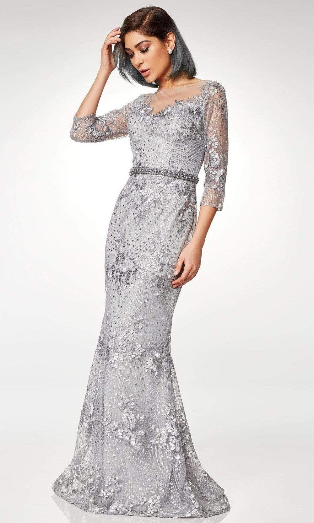 Clarisse - Sheer Quarter Sleeves Embellished Trumpet Gown M6502SC In Gray