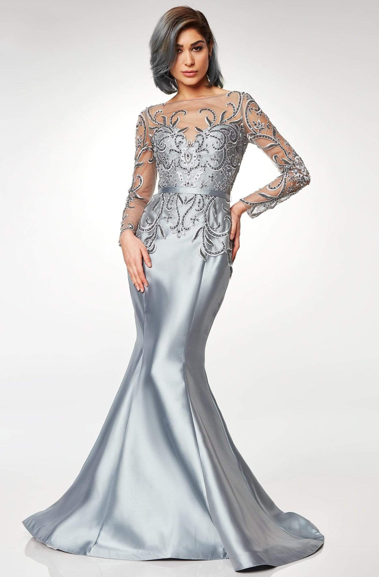 Clarisse - M6523 Embellished Illusion Bateau Mikado Mermaid Gown Special Occasion Dress 6 / Silver