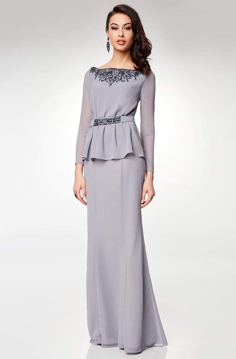 Clarisse - M6538 Beaded Embellished Neckline Long Sleeve Formal Dress Special Occasion Dress 6 / Dark Gray