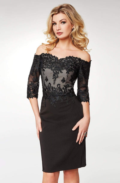 Clarisse - M6566 Lace Off-Shoulder Satin Sheath Knee Length Dress Cocktail Dresses 6 / Black