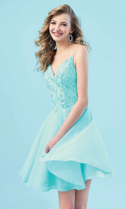 Clarisse - Beaded Floral Lace A-Line Dress S7030SC In Blue and Green