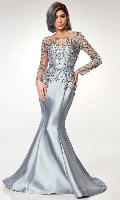Clarisse - Scroll Motif Illusion Bateau Mermaid Gown M6523 - 1 pc Silver In Size 10 Available CCSALE 10 / Silver