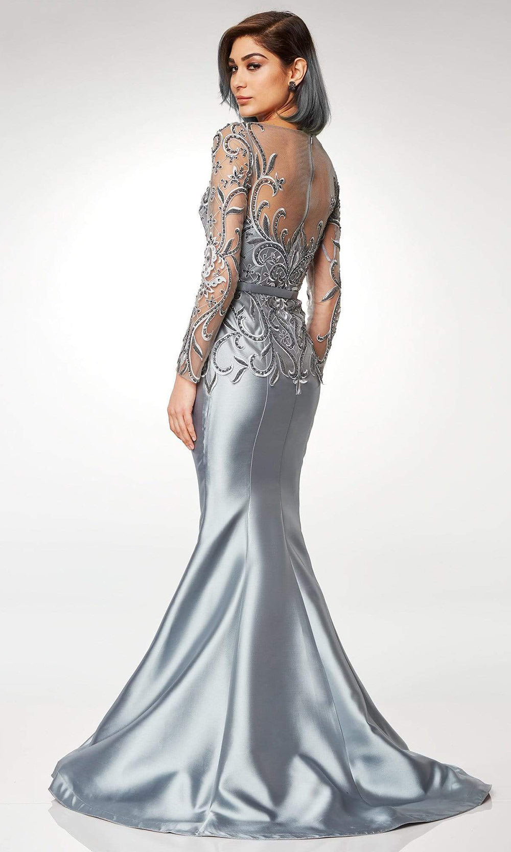Clarisse - Scroll Motif Illusion Bateau Mermaid Gown M6523 - 1 pc Silver In Size 10 Available CCSALE 10 / Silver
