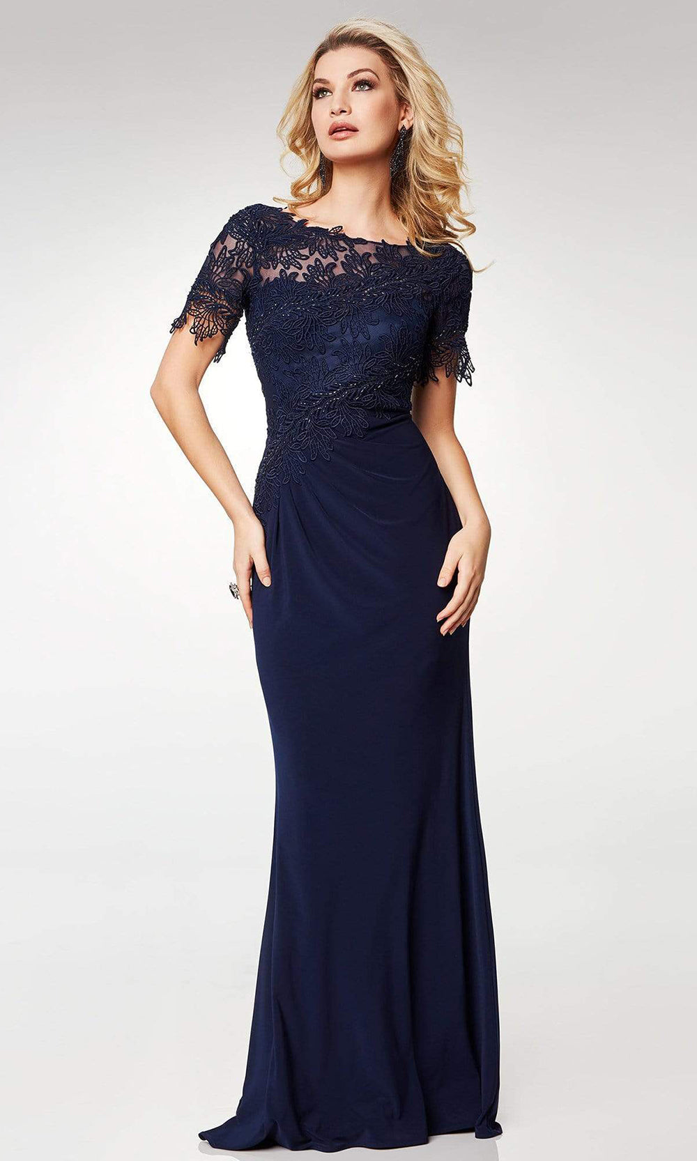 Clarisse - Short Sleeve Lace Chiffon Trumpet Dress M6517 - 1 pc Navy In Size 20 Available CCSALE 20 / Navy