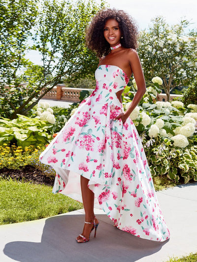 Clarisse Strapless Cutout Back High Low Gown - 1 pc White/Print In Size 0 Available CCSALE 0 / White/Print
