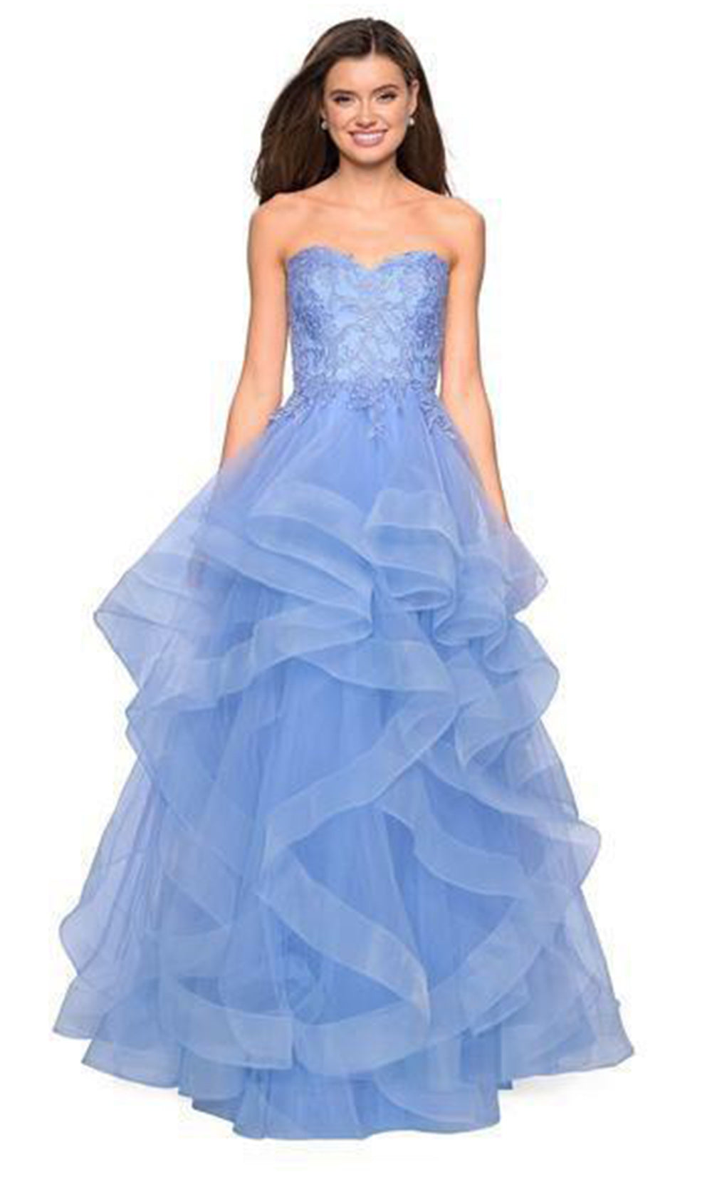 La Femme - Strapless Sweetheart Lace Applique Tiered Dress 27620SC In Blue
