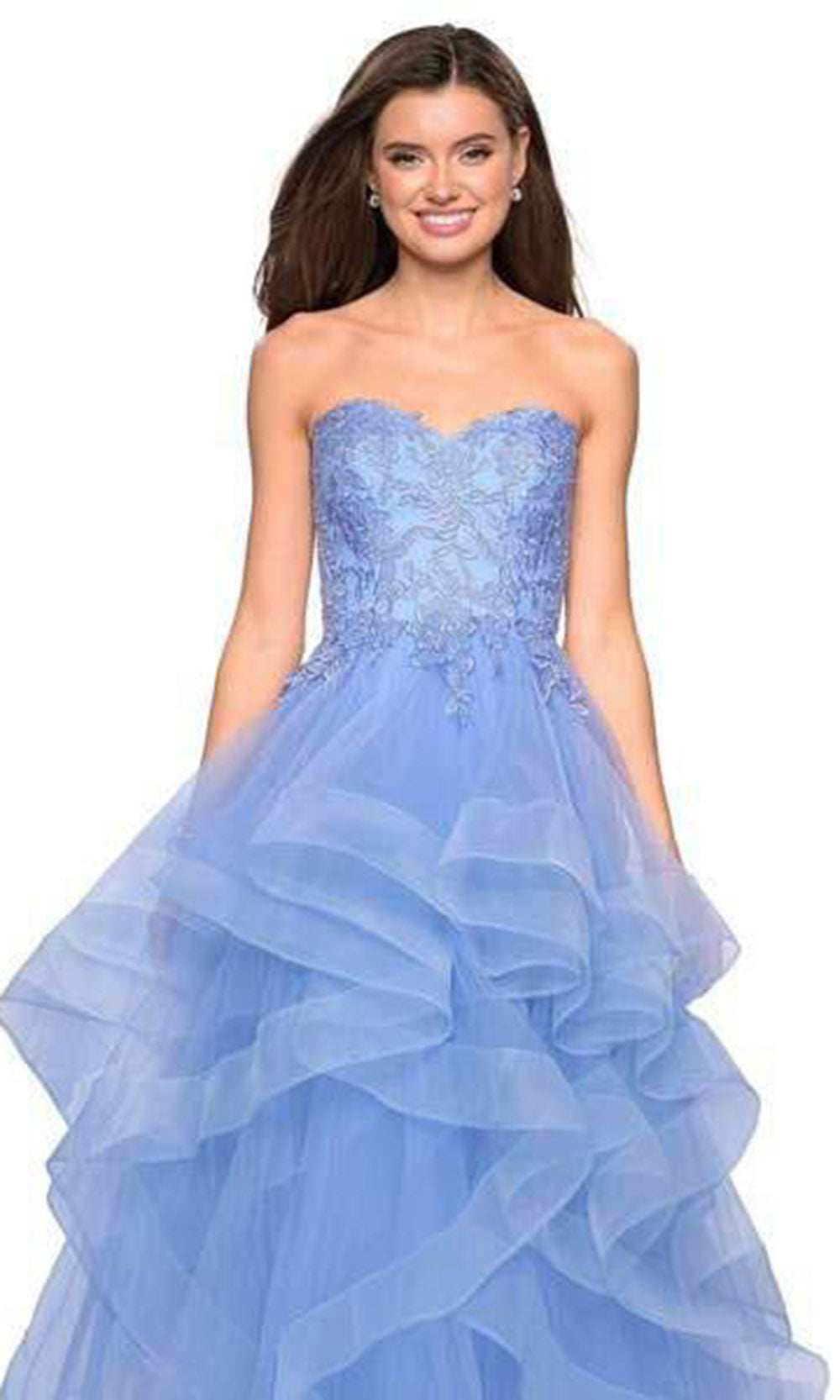 La Femme - Strapless Sweetheart Lace Applique Tiered Dress 27620SC In Blue
