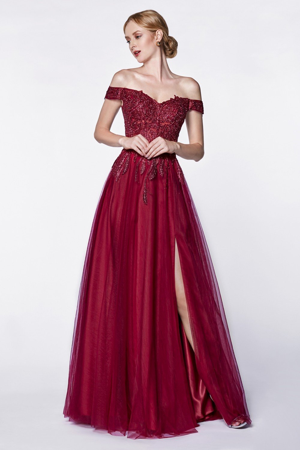 Cinderella Divine - CM303 Off Shoulder Lace Corset Beaded Bodice Tulle A-Line Gown In Red