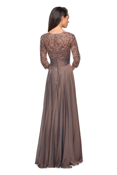 La Femme - Sheer Lace Quarter Sleeves Empire Waist A-Line Gown 27153 In Brown