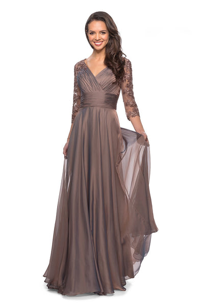 La Femme - Sheer Lace Quarter Sleeves Empire Waist A-Line Gown 27153 In Brown