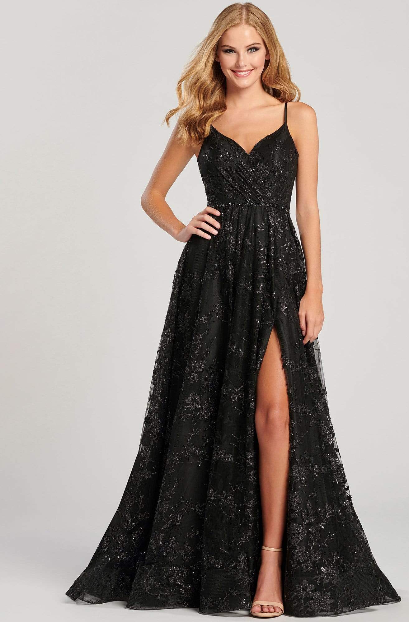 Colette for Mon Cheri - CL12006 V Neck Open Back Glitter Tulle Gown Evening Dresses 0 / Black/Black