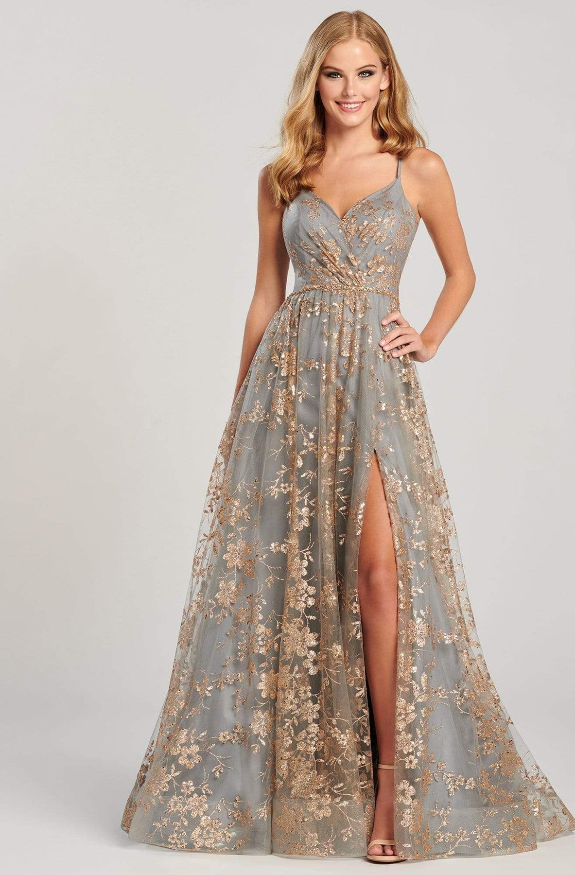 Colette CL12006 Long Formal Prom Glitter Dress - Gold/Pewter / 12 Colette CL12006 Long Formal Prom Glitter Dress - Gold/Pewter / 12