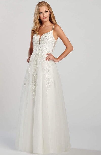 Colette By Daphne - CL12042 Beaded Lace V Neck Tulle A-Line Gown Prom Dresses 0 / Diamond Whit