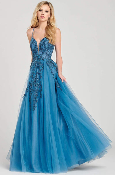 Colette By Daphne - CL12042 Beaded Lace V Neck Tulle A-Line Gown Prom Dresses 0 / Wedgewood