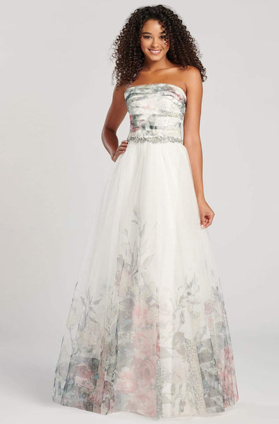 Colette By Daphne - CL12070 Strapless Printed Tulle A-Line Gown Prom Dresses 0 / Wht/Multi