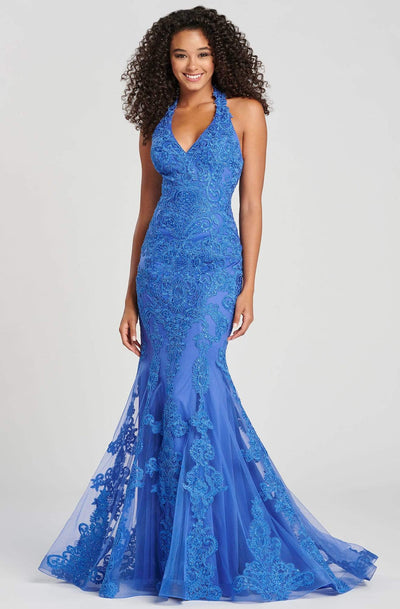 Colette By Daphne - CL12071 Lace Halter V-Neck Mermaid Dress Prom Dresses 0 / Royal Blue