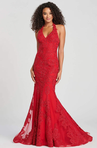 Colette By Daphne - CL12071 Lace Halter V-Neck Mermaid Dress Prom Dresses 0 / Scarlet