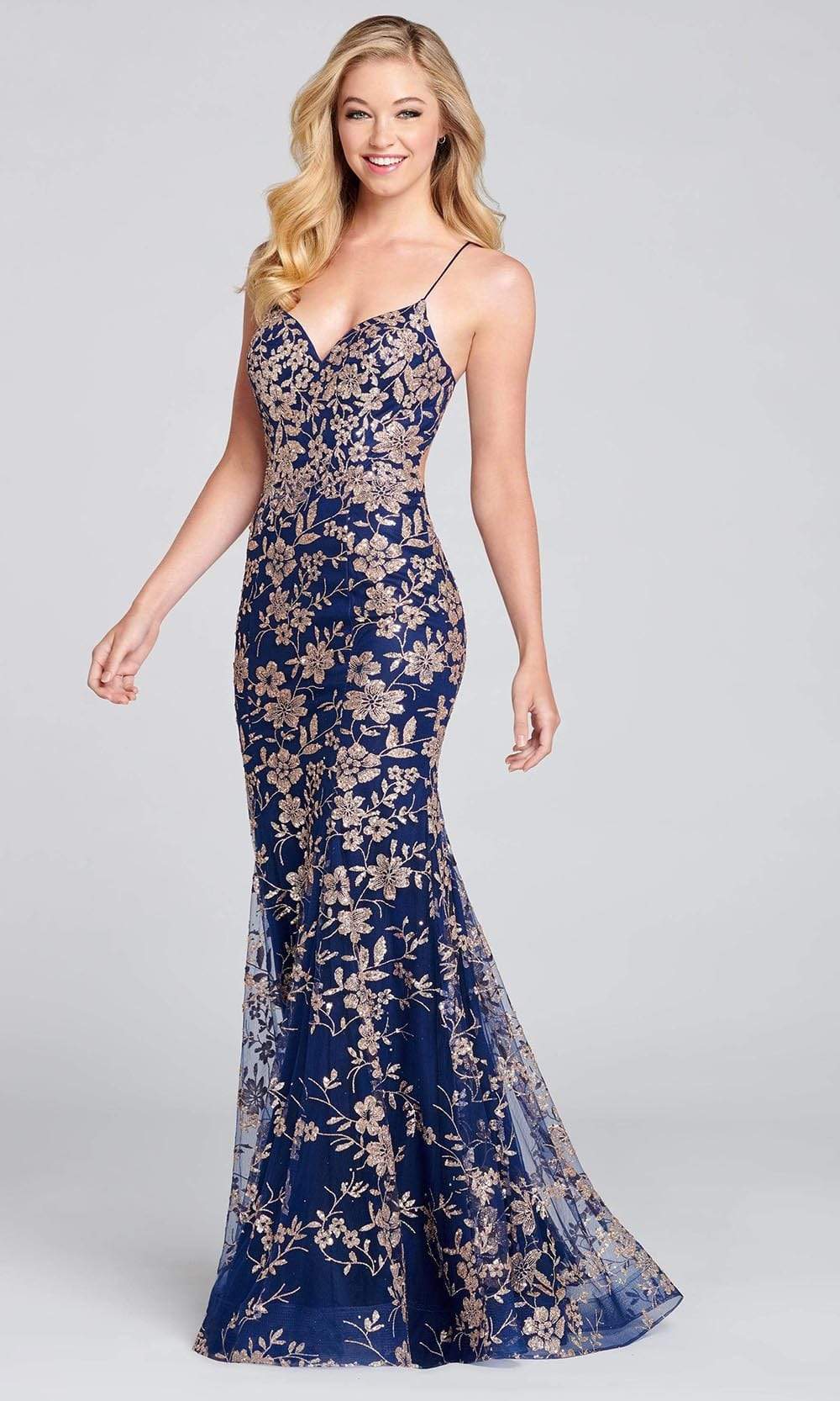 Colette By Daphne - CL12104 Sleeveless Glitter Tulle Mermaid Gown Evening Dresses 00 / Gold/Navy