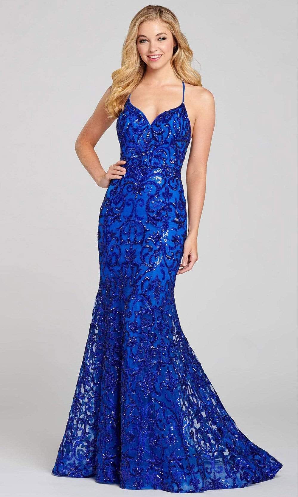 Colette for Mon Cheri - CL12130 Spaghetti Strap Sequined Mermaid Gown Evening Dresses 00 / Cobalt Blue