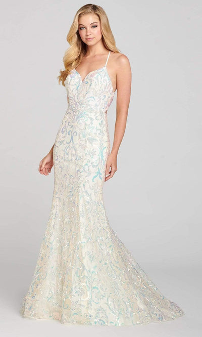 Colette By Daphne - CL12130 Spaghetti Strap Sequined Mermaid Gown Evening Dresses 00 / Ivory