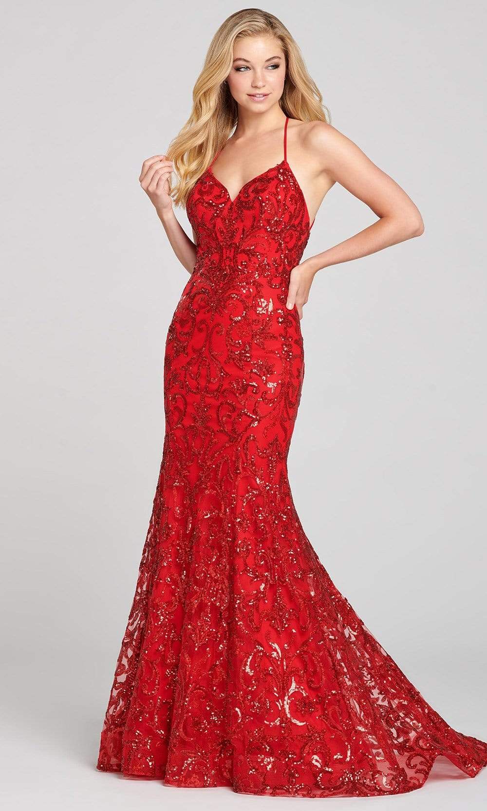 Colette for Mon Cheri - CL12130 Spaghetti Strap Sequined Mermaid Gown Evening Dresses 00 / Valentine Red