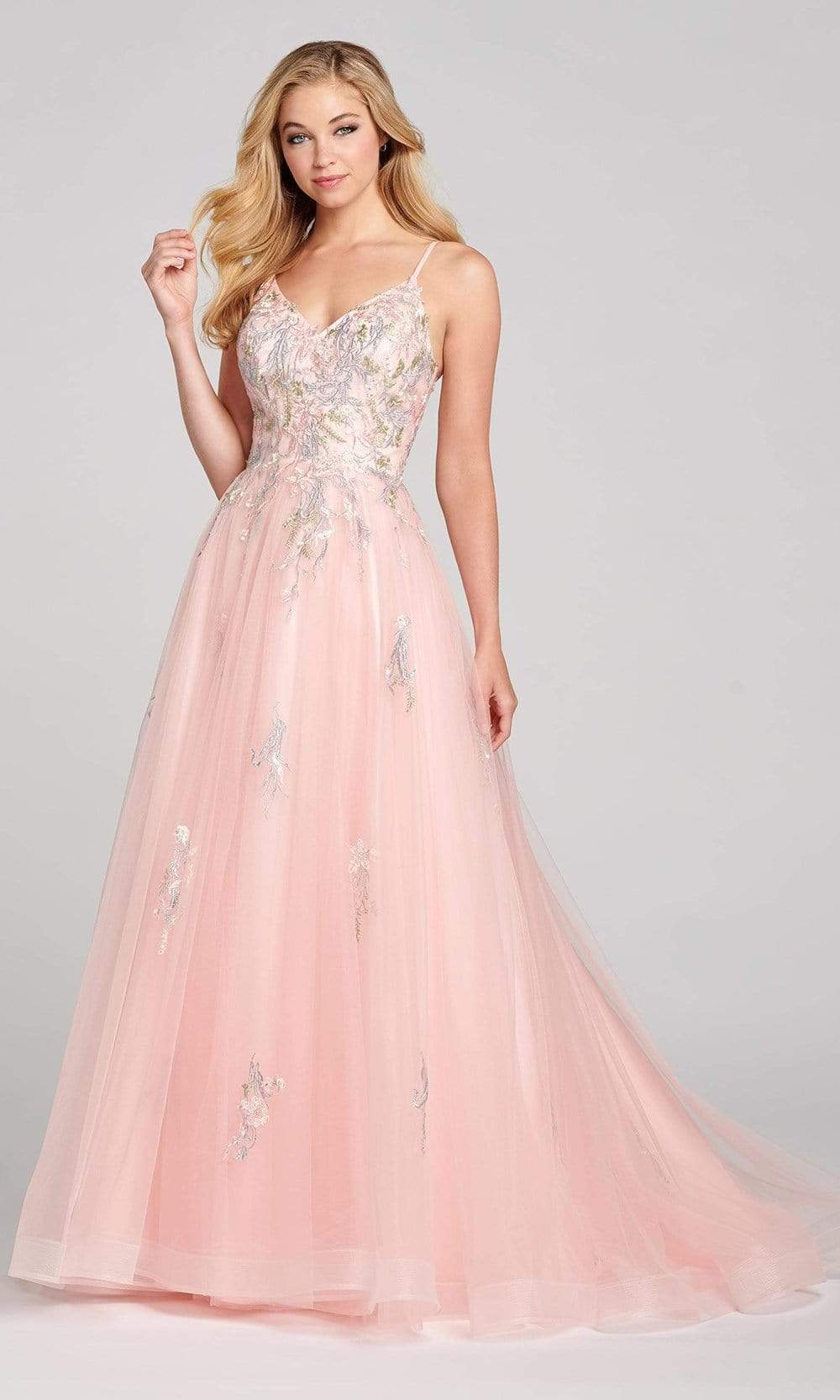 Colette By Daphne - CL12138 Lace Applique Gossamer A-Line Gown Prom Dresses 00 / Pink/Multi