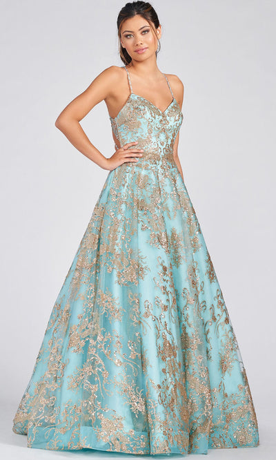 Colette By Daphne CL12201 - Glitter Tulle A-line Ball Gown Prom Dresses 00 / Aqua/Gold