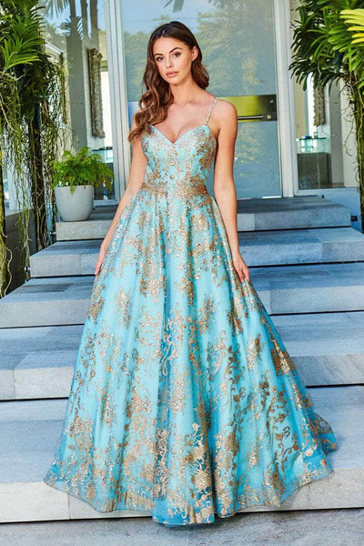 Colette By Daphne CL12201 - Glitter Tulle A-line Ball Gown Prom Dresses 00 / Aqua/Gold