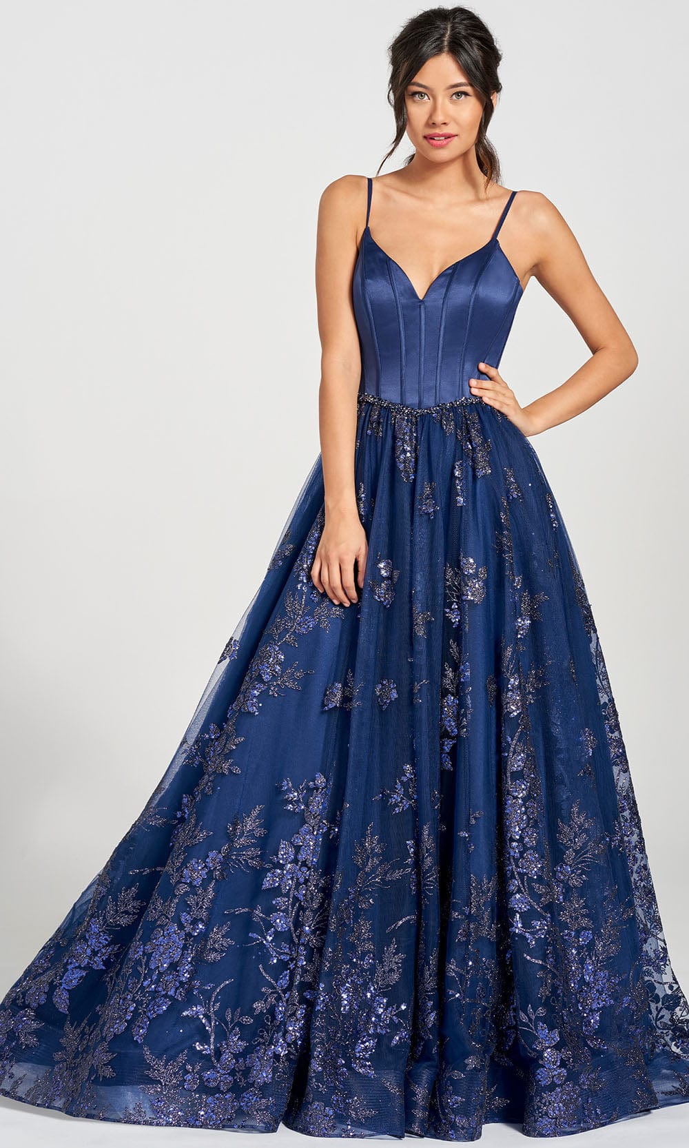 Colette By Daphne CL12219 - Glitter Tulle Corset Ball Gown Prom Dresses 00 / Navy Blue