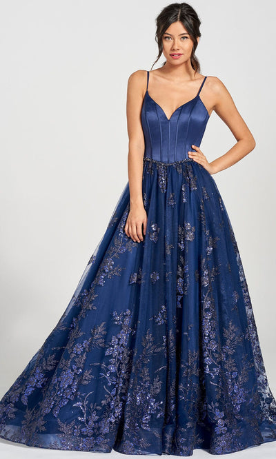Colette By Daphne CL12219 - Glitter Tulle Corset Ball Gown Prom Dresses 00 / Navy Blue