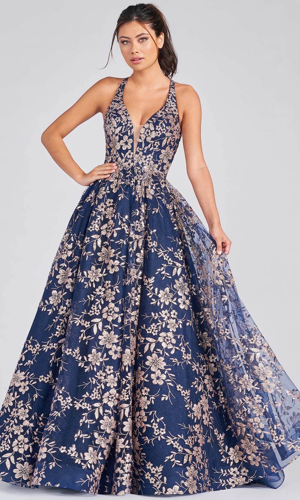 Colette By Daphne CL12223 - V-Neck Prom Ballgown Prom Dresses 00 / Navy Blue/Gold