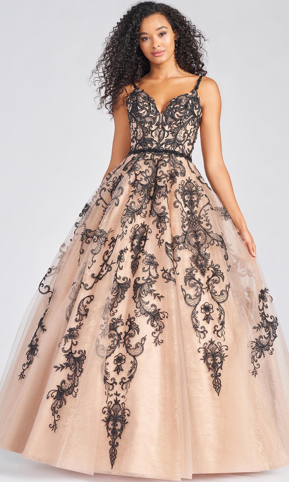 Colette By Daphne CL12224 - Lace Rhinestones Tulle Ball Gown Prom Dresses 00 / Black/Champagne