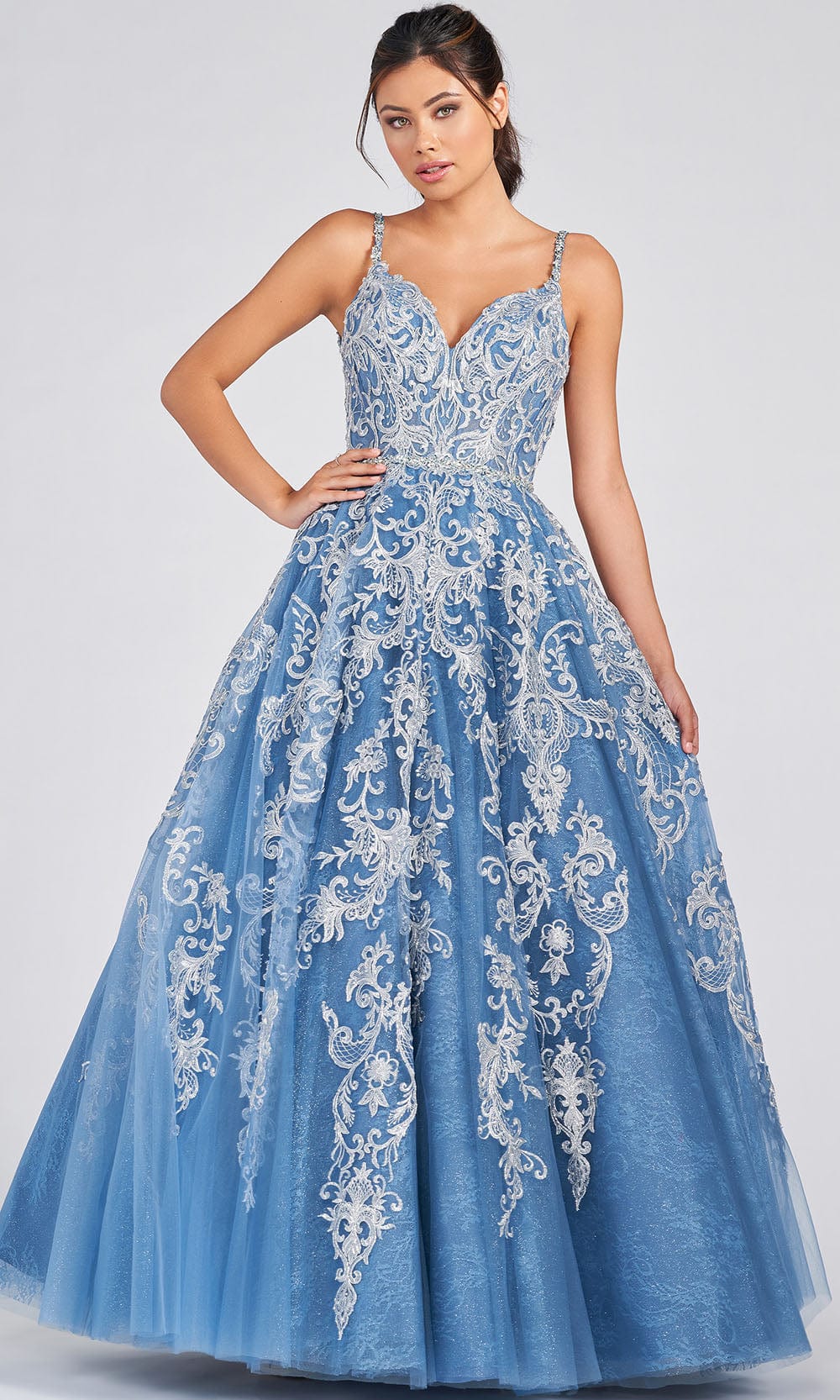 Colette By Daphne CL12224 - Lace Rhinestones Tulle Ball Gown Prom Dresses 00 / Platinum/Dusty Blue