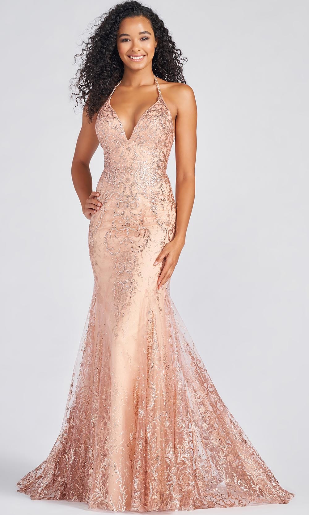 Colette For Mon Cheri CL12243 - V-neck Evening Gown Prom Dresses 00 / Rose Gold