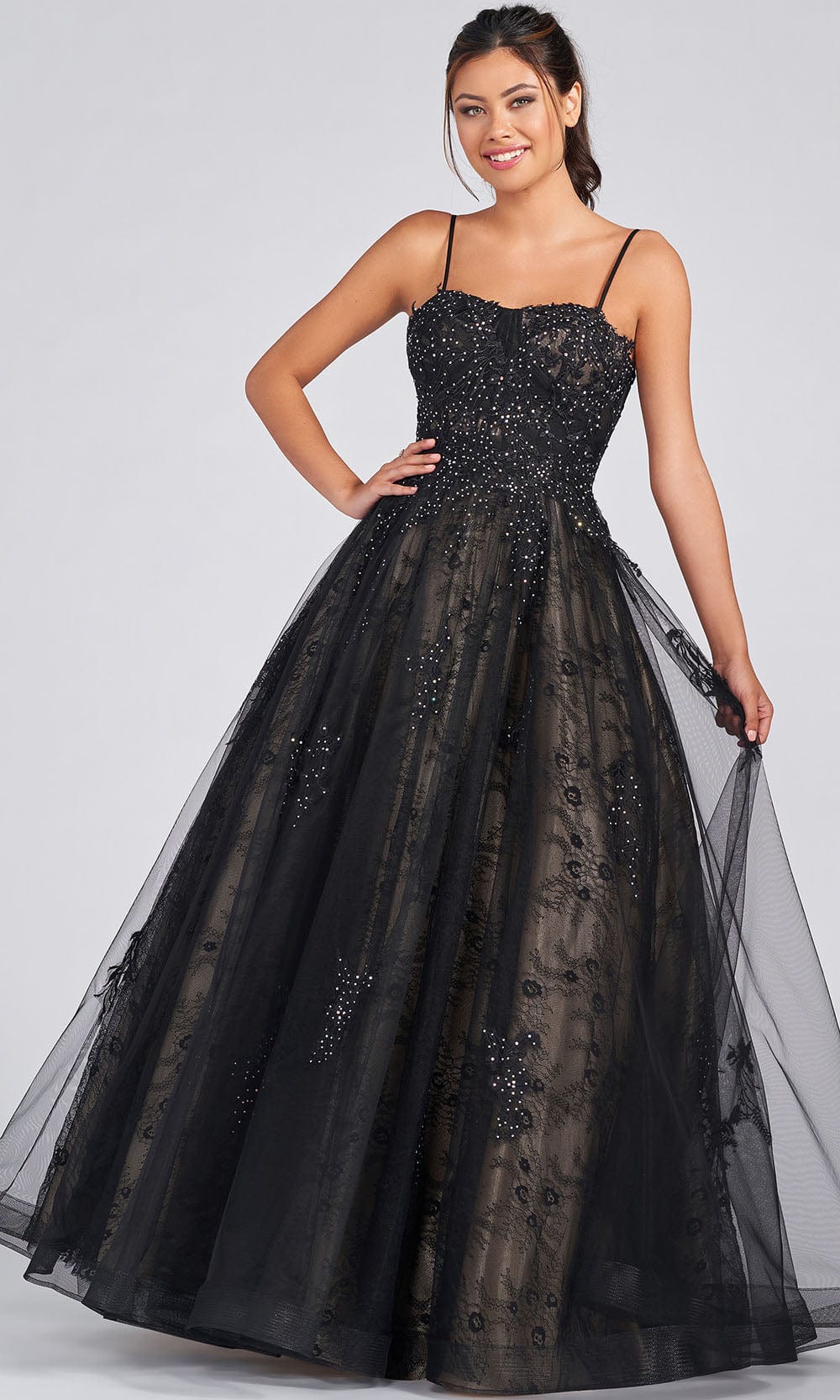 Colette By Daphne CL12248 - Lace And Tulle A-line Gown Prom Dresses 00 / Black/Nude