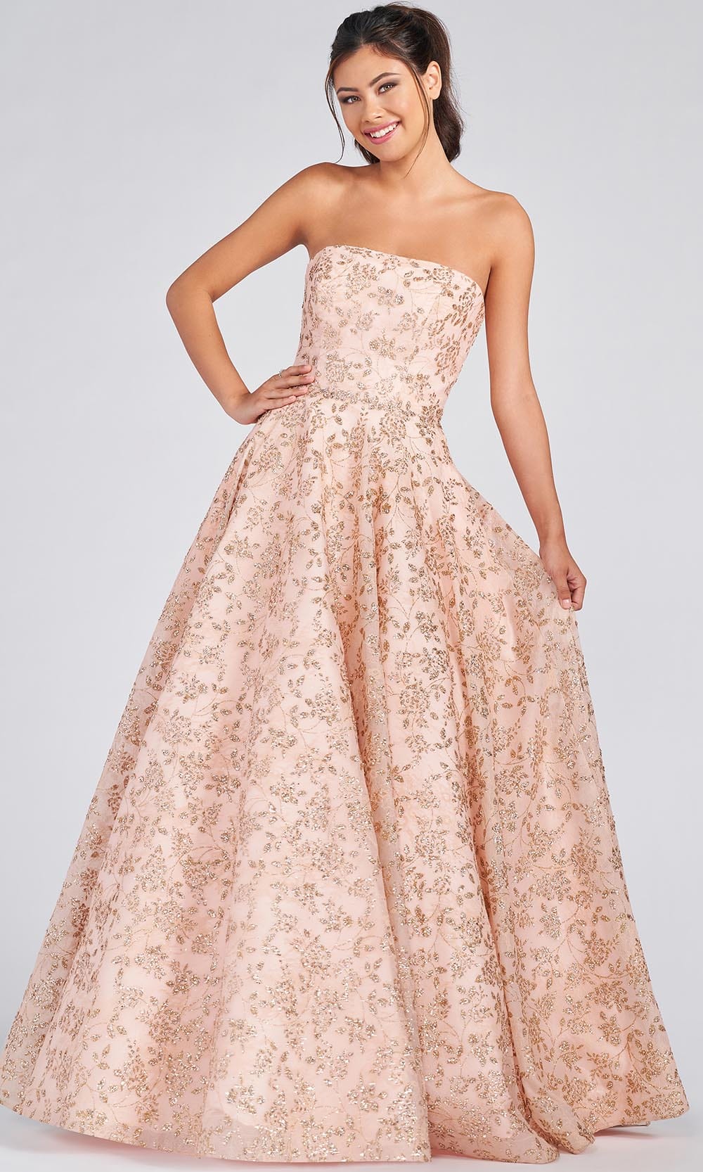 Colette By Daphne CL12255 - Strapless Glitter Lace A Line Gown Special Occasion Dress 00 / Blush/Gold