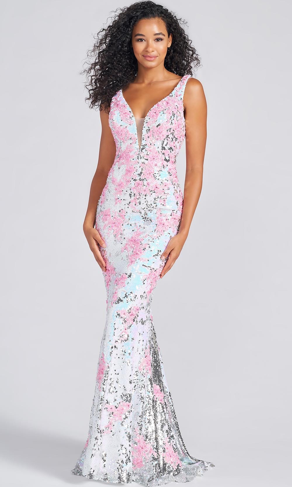 Colette By Daphne CL12266 - Deep V-neck Long Gown Prom Dresses 00 / Pink/Multi