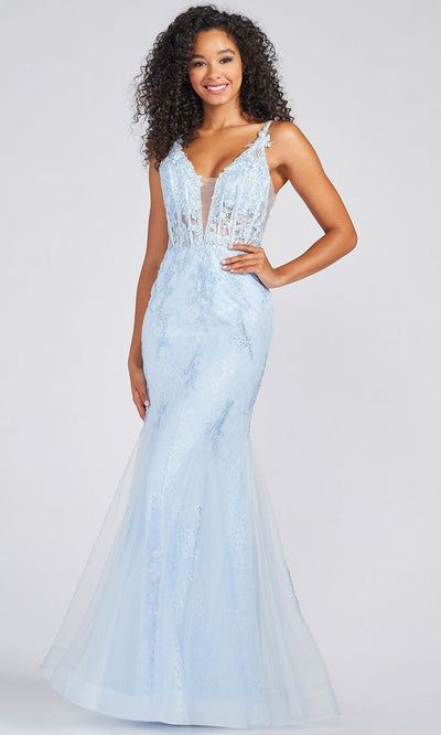 Colette By Daphne CL12267 - Lace V-Neck Prom Dress Prom Dresses 00 / Light Blue