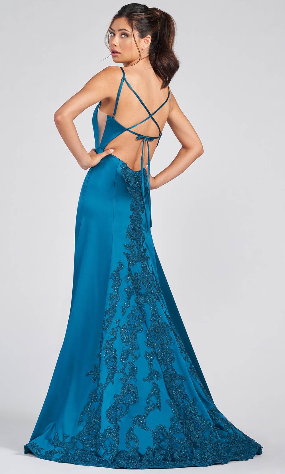 Colette For Mon Cheri CL12274 - Rhinestone Accents On The Back Long Gown Prom Dresses 00 / Turquoise