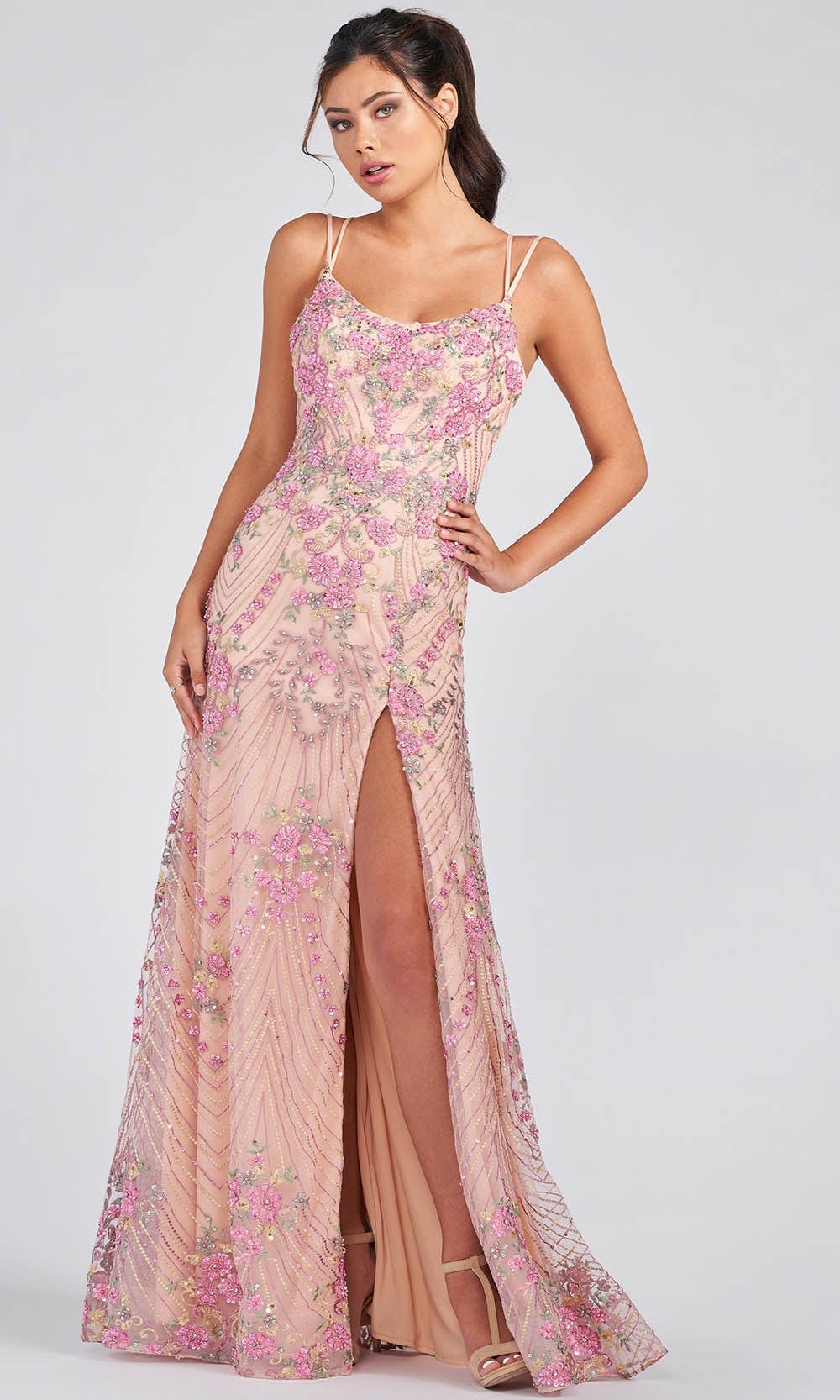 Colette By Daphne CL12277 - Stretch Jersey Tulle Beaded Gown Special Occasion Dress 00 / Champagne Multi