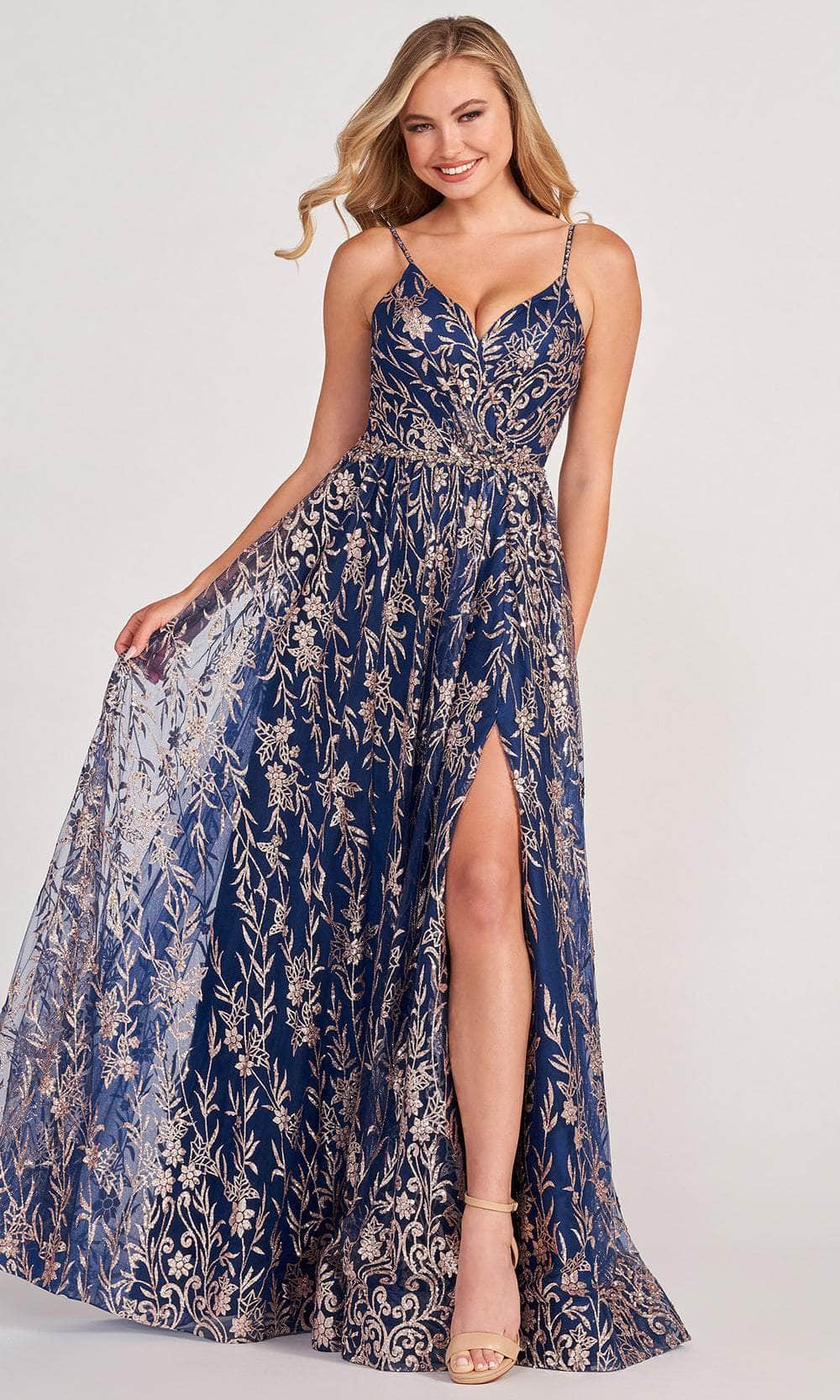 Colette By Daphne CL2022 - Sequin A line Prom Dress Prom Dresses 00 / Navy/Gold