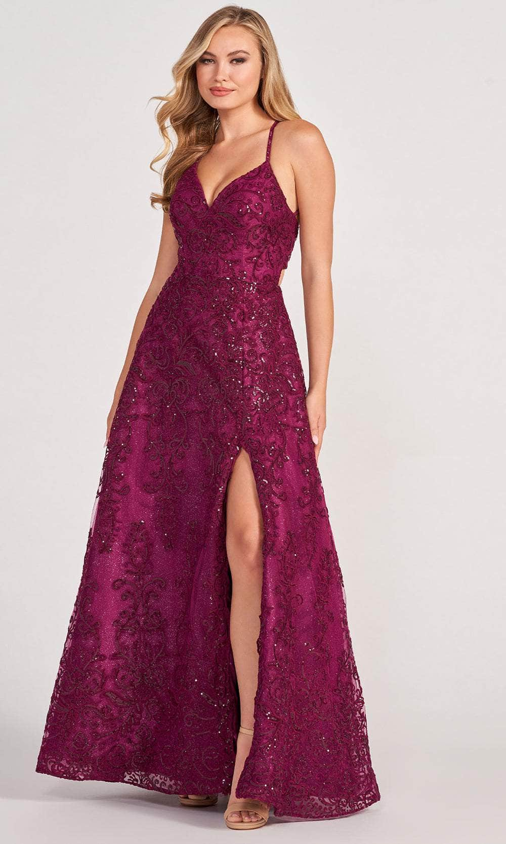 Colette By Daphne CL2028 - Glittering Lace Applique Evening Gown Evening Dresses 00 / Cabernet