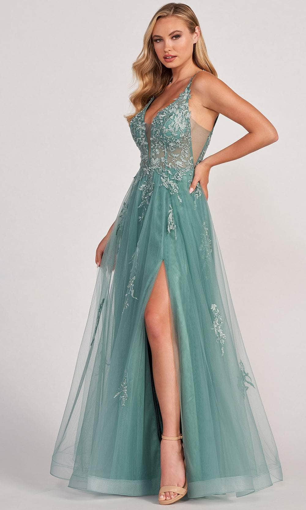 Colette By Daphne CL2074 - Appliqued V-Neck Evening Dress Prom Dresses 00 / Sage