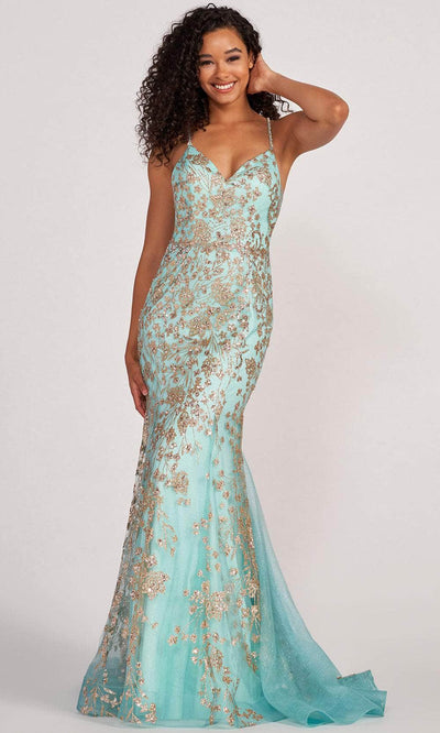 Colette By Daphne CL2076 - Embellished Sleeveless Prom Gown Prom Dresses 00 / Aqua/Gold